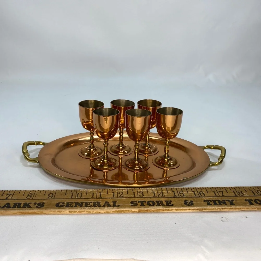 VTG Mexico Brass Copper Plate 6 Tequila Stem Cups & Oval Tray w Handles 11 x 7